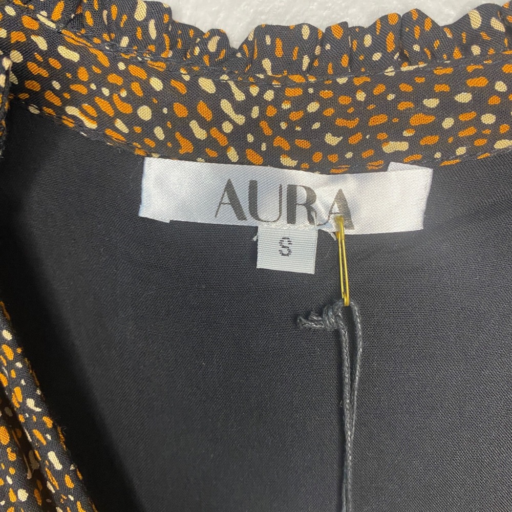 Aura The Label Women Small Black Orange Dotted Tiered Ruffle Neck Midi Dress NEW - Picture 3 of 14
